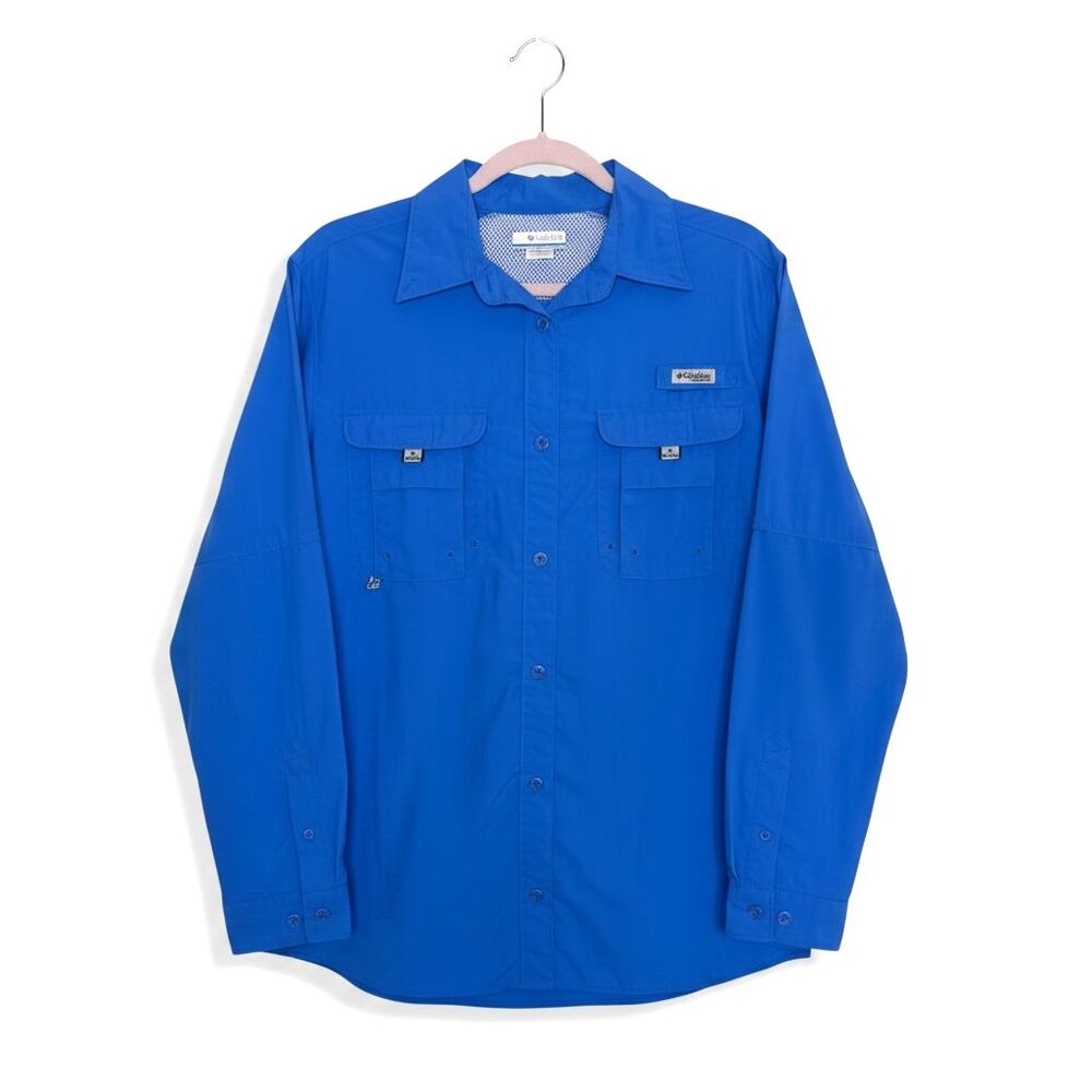 Columbia PFG Bahama Nylon Button Front Shirt Top Blouse Women Blue L